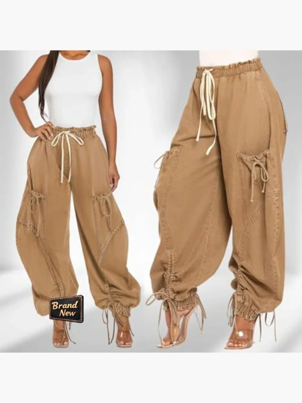 High Waist Baggy Barrel Jeans Y2k Drawstring Cargo Denim Wide Leg Joggers